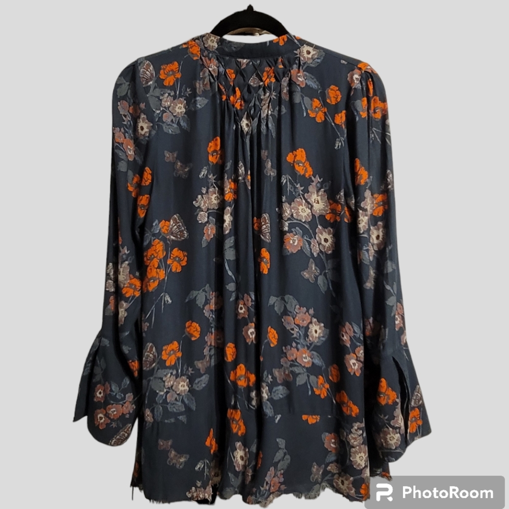 Free People Pebble Crepe Tunic Womens XS Multi Floral Oversized Smocked Boho Top - Picture 9 of 12
